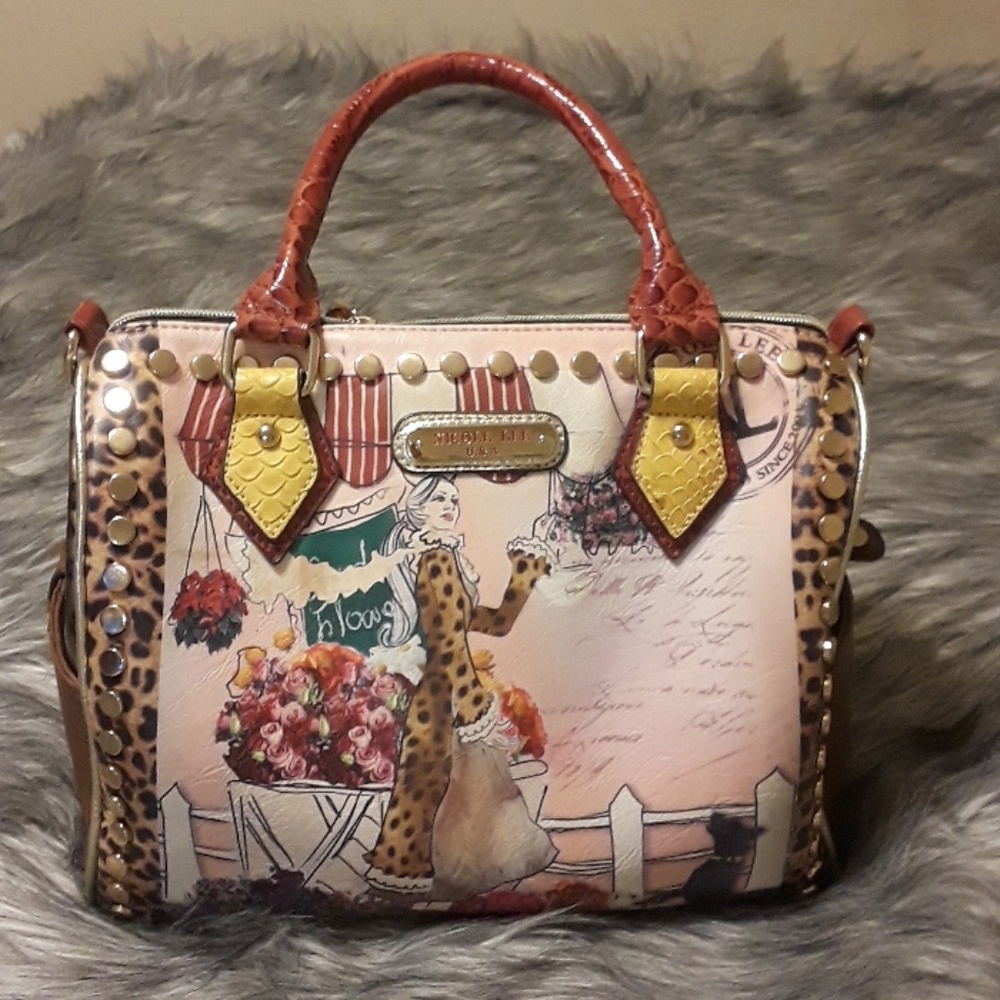 Nicole Lee Multicolor Satchel with Leopard Print and Studs
